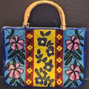 Handmade beaded tote with bamboo handles